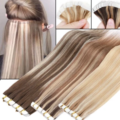 40pcs Tape In Human Hair Extensions Skin Weft Real Thick Full Head Balayage 100g
