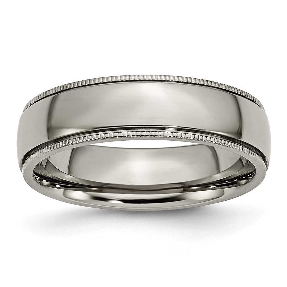 Titanium Polished 6mm Grooved and Beaded Edge Band Ring Size 8