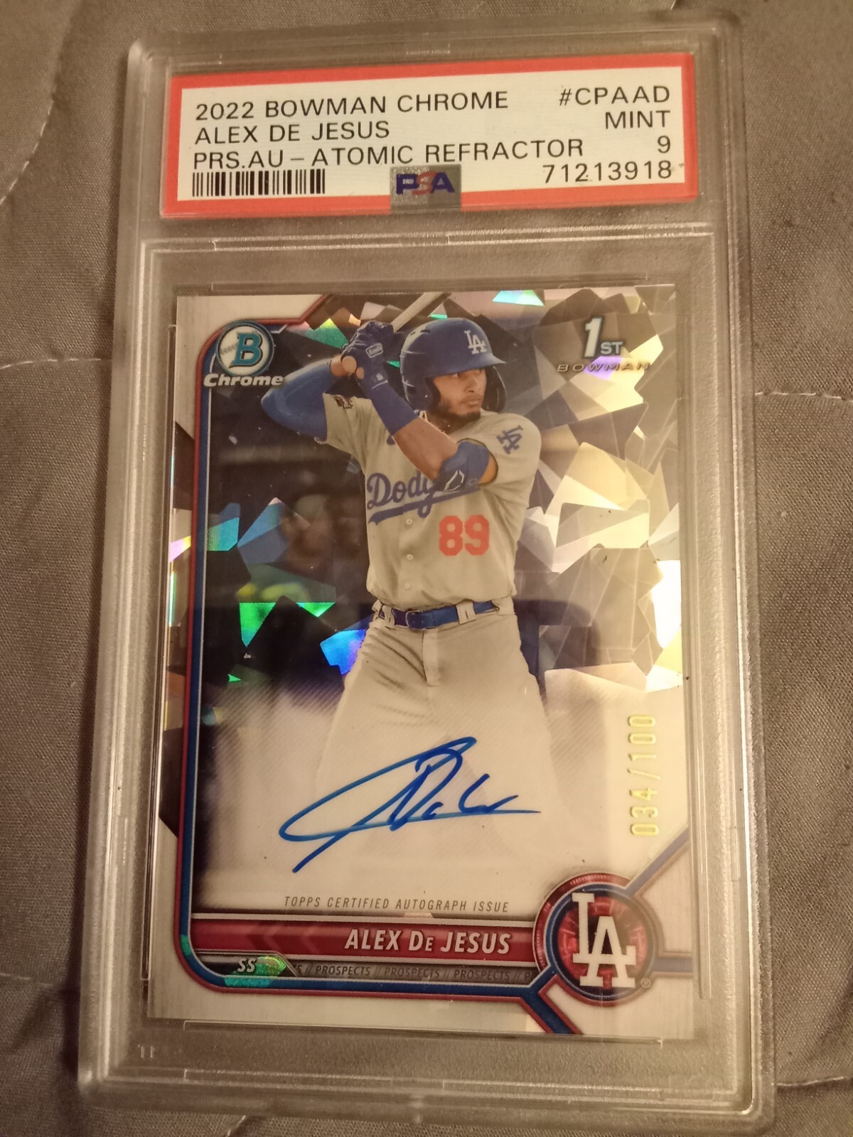 2022 Bowman Chrome Alex De Jesus #34/100 ATOMIC AUTOGRAPH #CPAAD Graded PSA 9