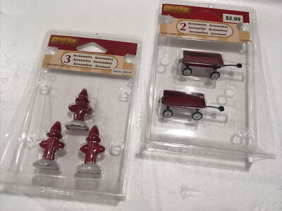 Lemax Set of 2: Red Metal Fire Hydrants & Red Wagon Set Holiday Village Accents