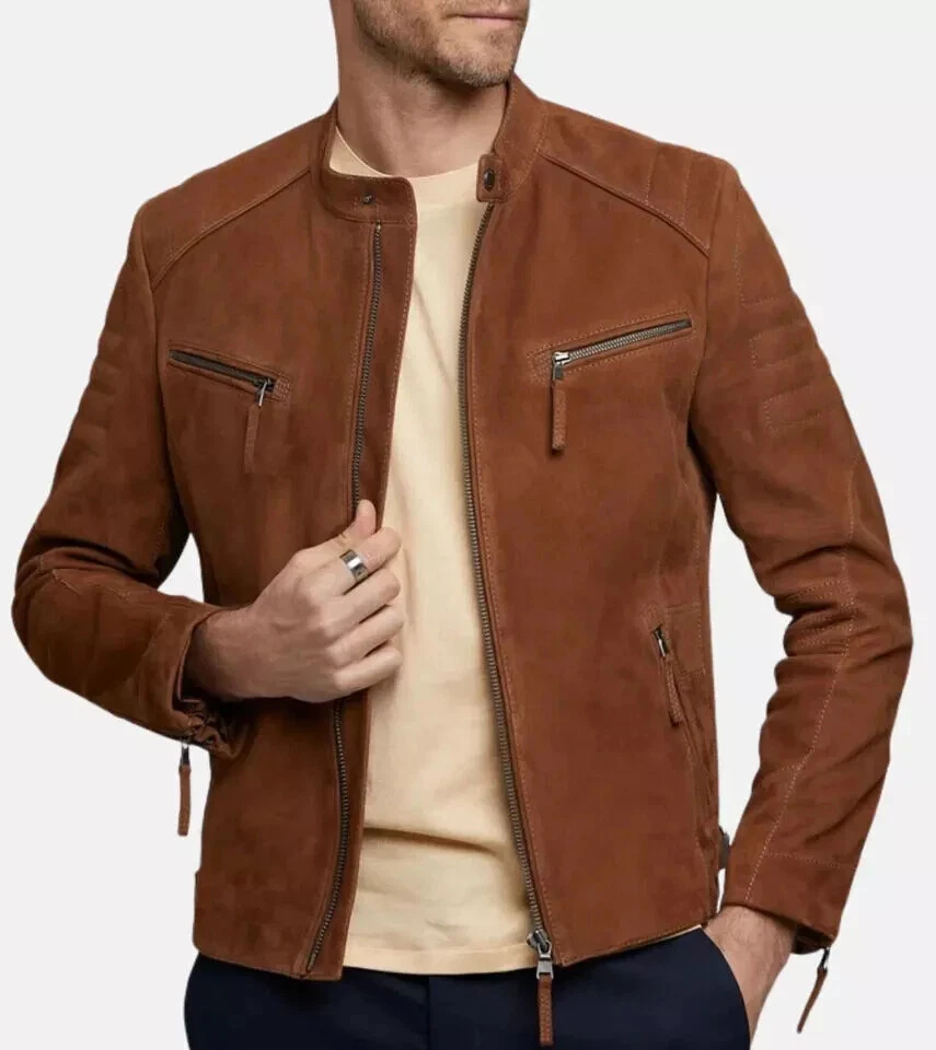Men's Brown Suede Lambskin Leather Jacket Stylish Handmade Biker Size XS TO 3XL