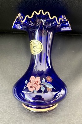 Bohemia Czech Cobalt Blue Glass Vase Hand Painted Floral Gold Ruffled Crystalex
