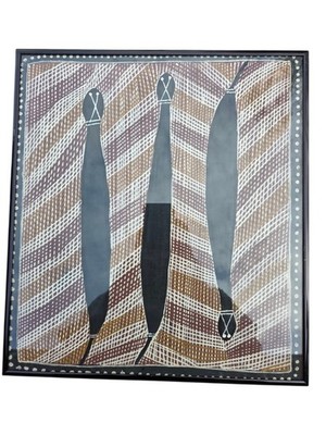 Vintage Australian Aboriginal framed art, hand painted wooden snakes