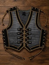Premium Embossed Leather Motorcycle Vest Men's Black Gold Luxury Biker Waistcoat