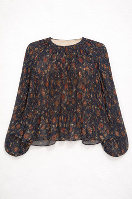 Veronica Beard Lewin Pleated Blouse Size 4 Black Multi Floral Plissé