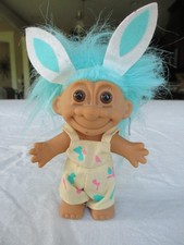 Vintage 1990's Russ Berrie Bunny Ears Troll Doll 6" Blue Hair Painter Overalls