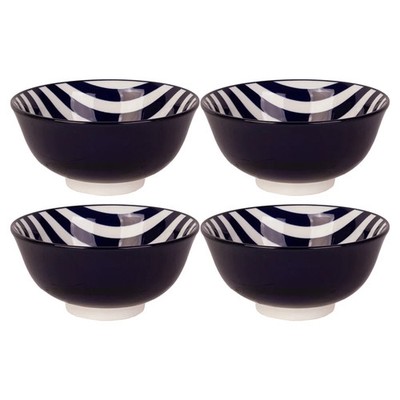 Set-4 6in Bowls W-Blue Cabana Stripes Design Inside Blue