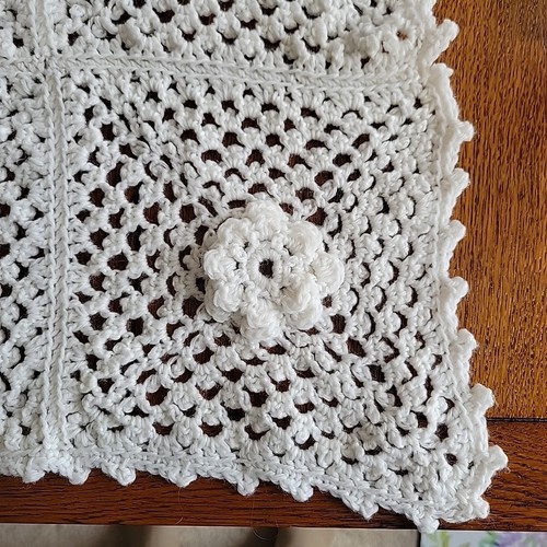 Afghan Granny Square ALL White Crochet 3D Flowers Open Weave Serrated Edge - Picture 2 of 9