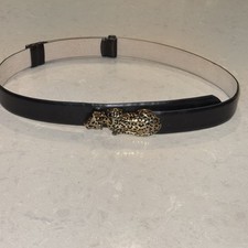 Chicos Leather Black Belt Size S/M Adjustable Statement Buckle Cheetah Gold