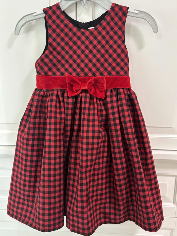 Vestido de vacaciones para niñas estampado a cuadros negro y rojo con lazo rojo - talla 4 Foto 4 de 4