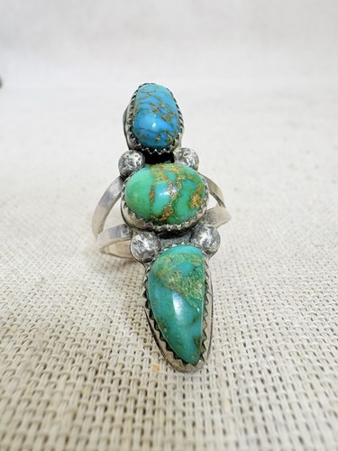 Vintage Navajo Turquoise Ring Sterling Silver 3 Stone Split Shank Size 9.5