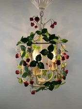 Vintage Italian Tole Strawberry Chandelier Fixture Birdcage Metal Three Sockets