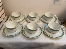 Vintage LIMOGES CERALENE Indiv Cups & Saucers Raynaud & Co Fleur de Jade Green
