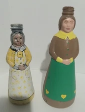 Lot of 2 Vintage Mrs. Butterworth Folk Art Glass Bottles Hand Painted Maple Syru