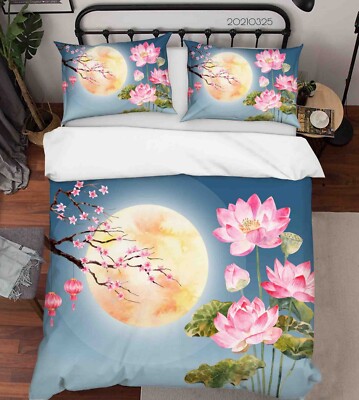 3D Lotus Pond Moonlight Scenery Quilt Cover Set Bedding Sets Pillowcases Queen