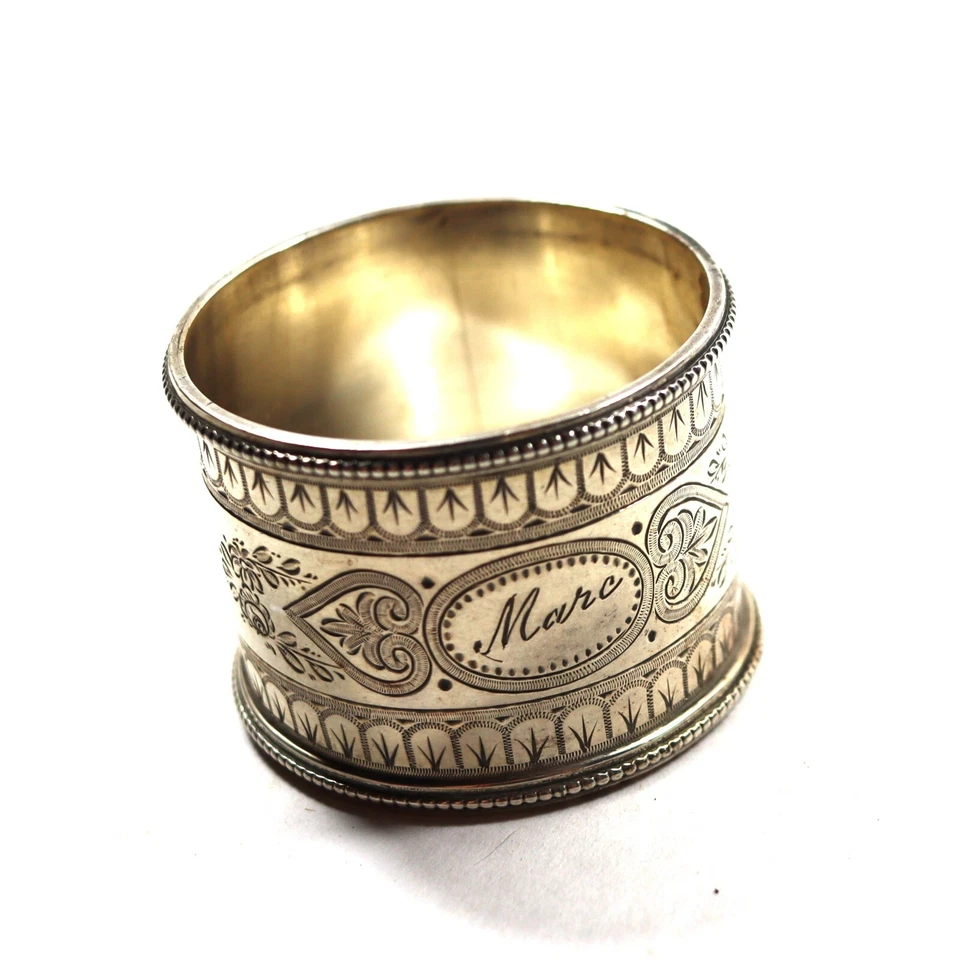 Anillo servilletero victoriano con borde de cuentas de plata esterlina c1900 grabado Marc Jean Foto 2 de 4