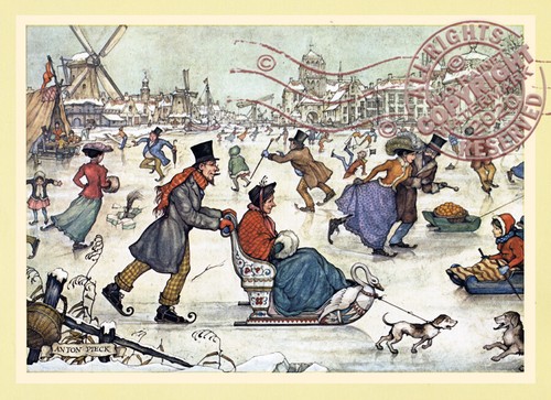 Winter Ice Skating Sled + Family w Dogs * Dutch Village ANTON PIECK * Art Print - Picture 2 of 8