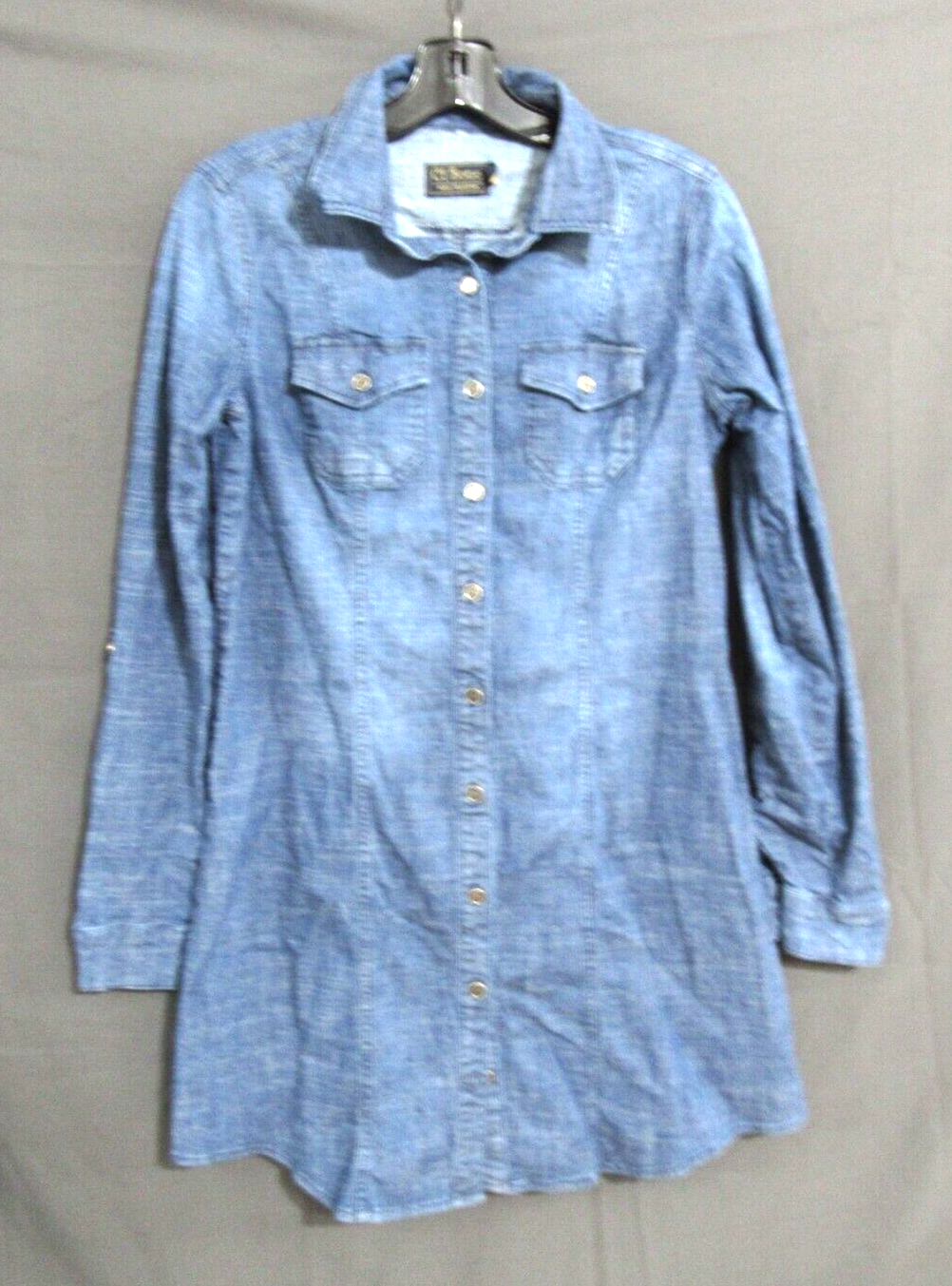 CI SONE Azul Denim Cambray CAMISA CON BOTONES VESTIDO CAMBIO Roll-Tab Slvs ELASTIZADA S