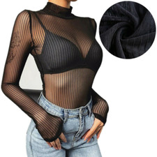 Womens Ladies Striped Mesh Sheer Leotard Top Long Sleeve Back Keyhole Bodysuit