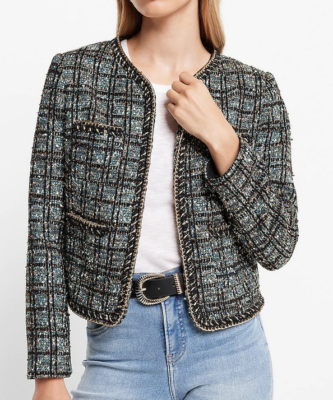 NEW EXPRESS METALLIC PLAID GOLD CHAIN TWEED JACKET IN MULTI TEAL