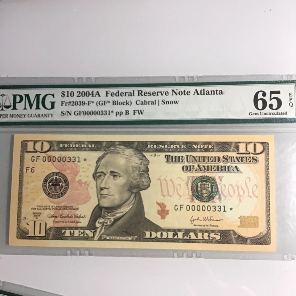 FR-2039-F*✅ 2004-A $10 FRN ➡️ 00000331*Star And Matching Gem Ser#331.PMG 65&64 - Image 4 of 4
