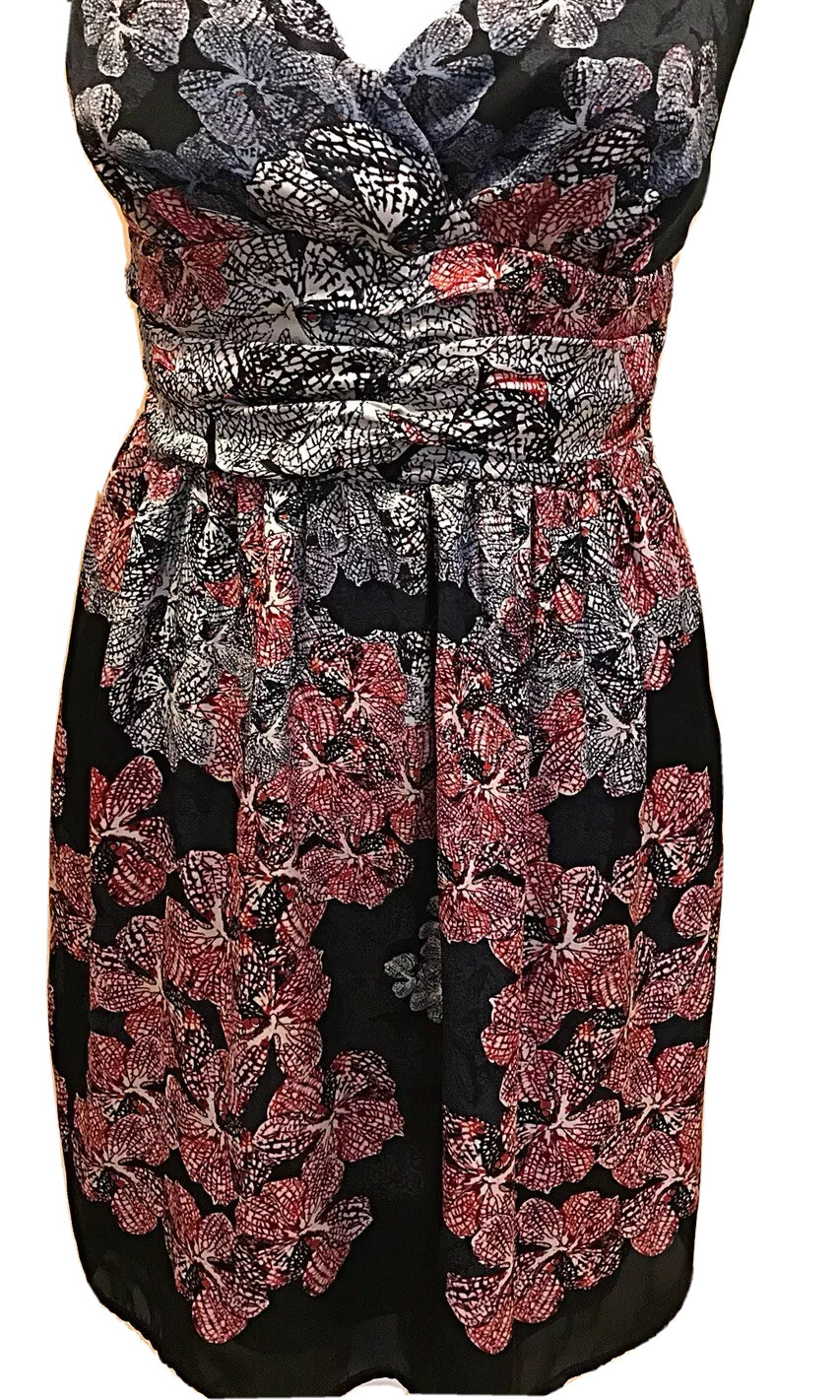 Imaginary Voyage Sexy Satin  Slip Dress Spaghetti Strap Black Floral Boho Sz L
