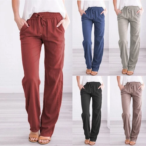 Women Cotton Linen Trousers Ladies Summer Casual Elastic Waist Bottoms Pants UK - Picture 4 of 23