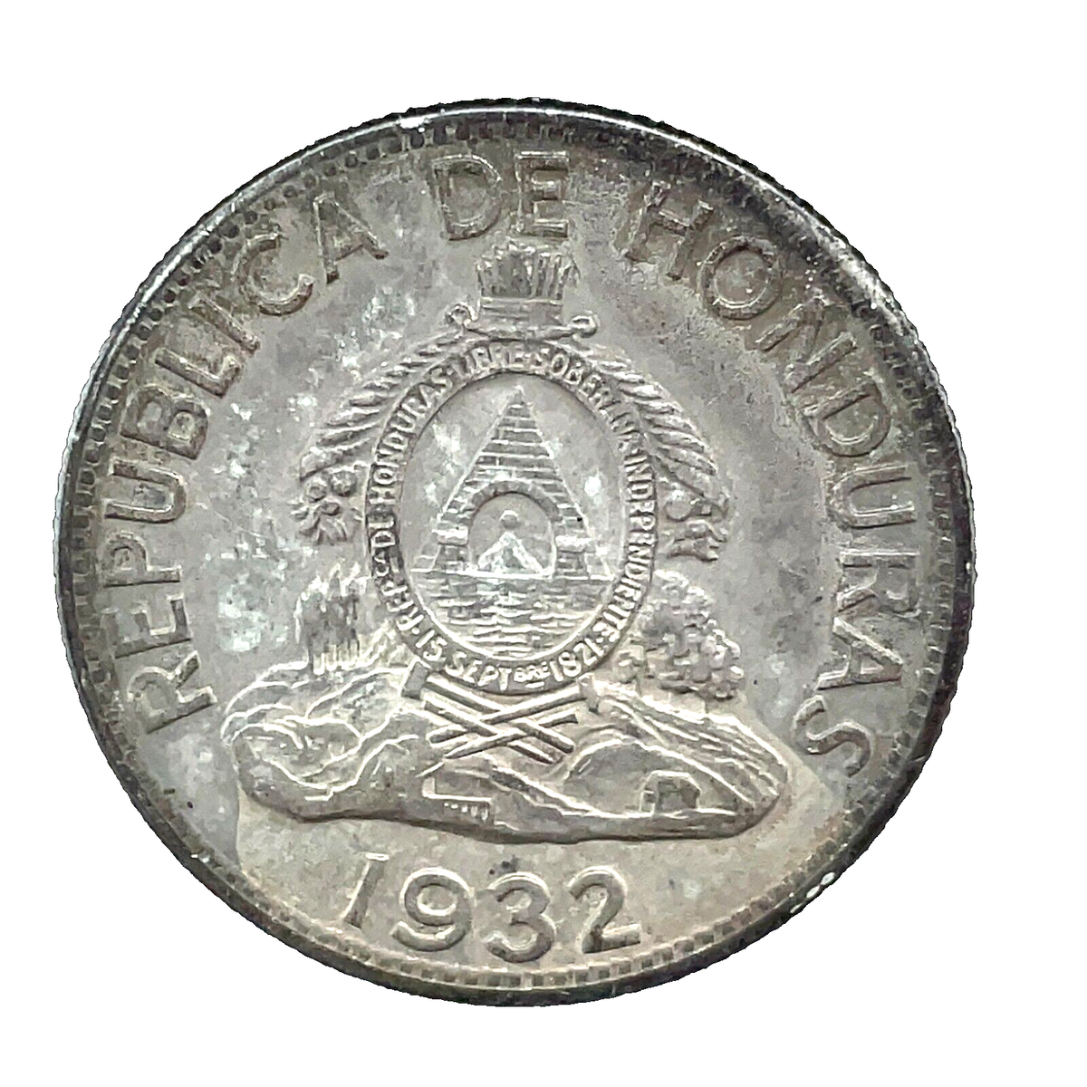 HONDURAS - 1932 UN LEMPIRA Lencas Leader 0.900 SILVER COIN #1 UNC
