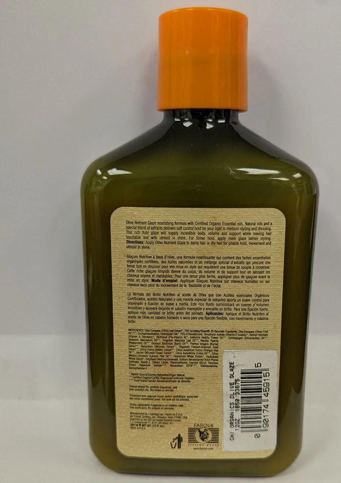 LOT OF 2 CHI ORGANICS OLIVE NUTRIENT THERAPY GLAZE 12FL. OZ. EACH - Image 2 of 2