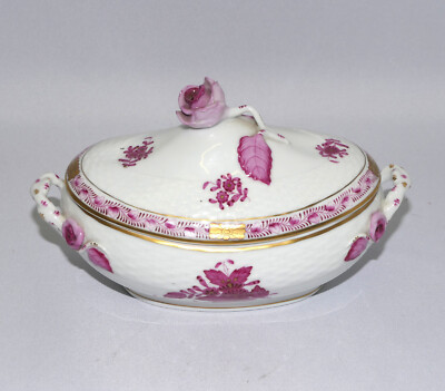 Herend Apponyi Purpur ovale Bonboniere Porzellan 6010/AP  Handarbeit L. 18,5