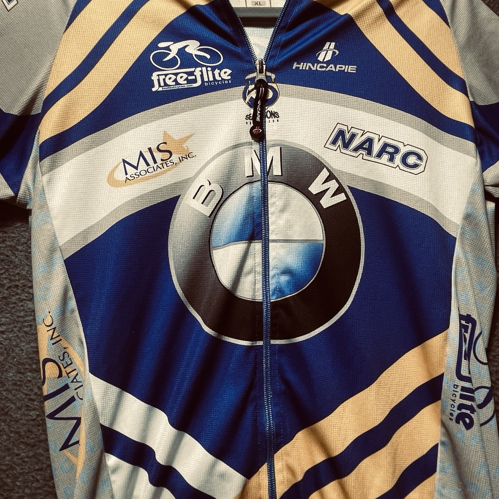 Hincapie Mens BMW Blue White Yellow Short Sleeve Jersey Size XL Full Zip Cycling