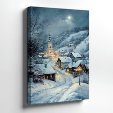 Wall Art Snowy Village Winter Night Landscape Moonlit Church Cozy Cabin Print