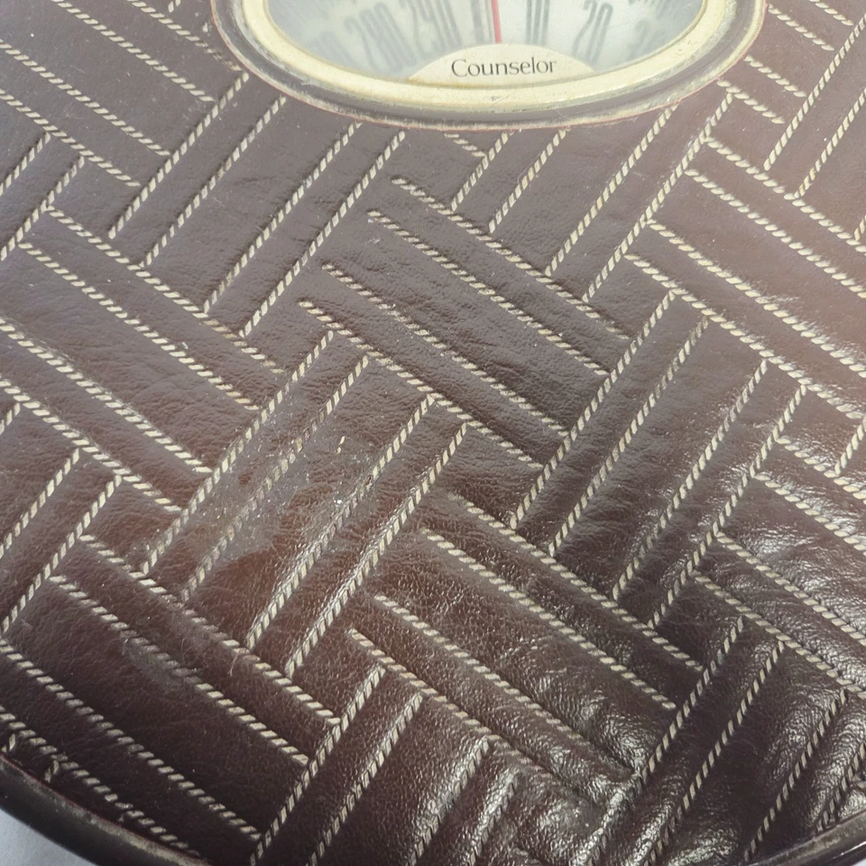 Báscula de baño consejero vintage años 70 Sears Roebuck marrón imitación cuero tejido Foto 3 de 4