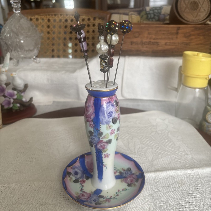 Nippon Hand Painted Hat pin Holder +6 Art Deco Early 1900's Collectible Hatpins