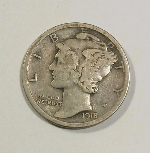 1918-D Winged Liberty Mercury Dime Fine 90% Silver