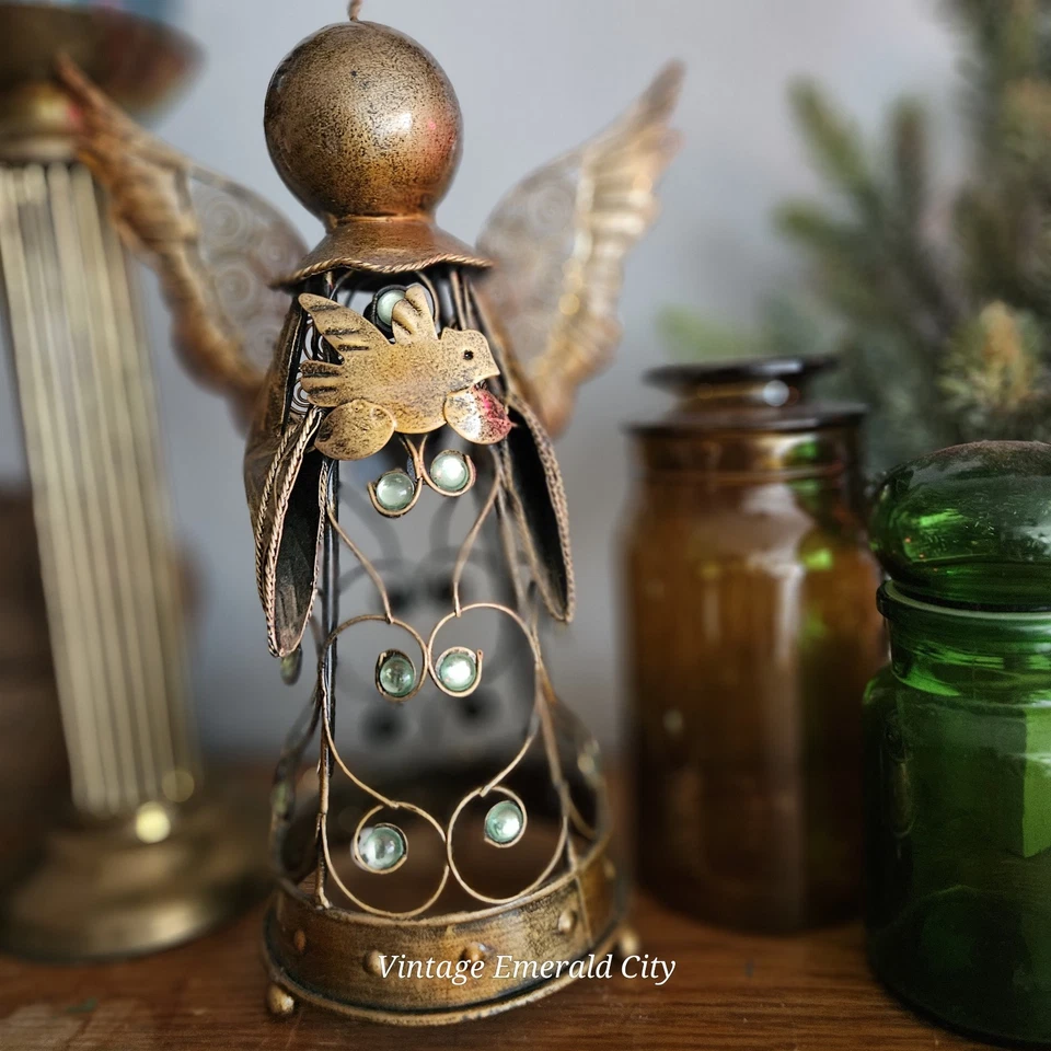 De Colección Metal Filigrana Ángel Jardín Estatua 15" Color Bronce Verde Vidrio Cónico Decoración  Foto 3 de 4