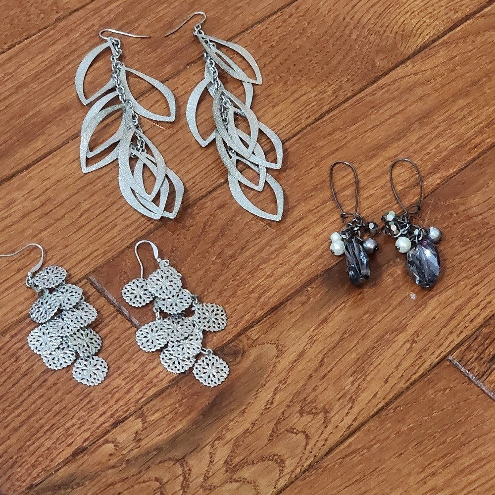 Three Silver Tone Drop Earrings PiercedClassic Fe… - image 2