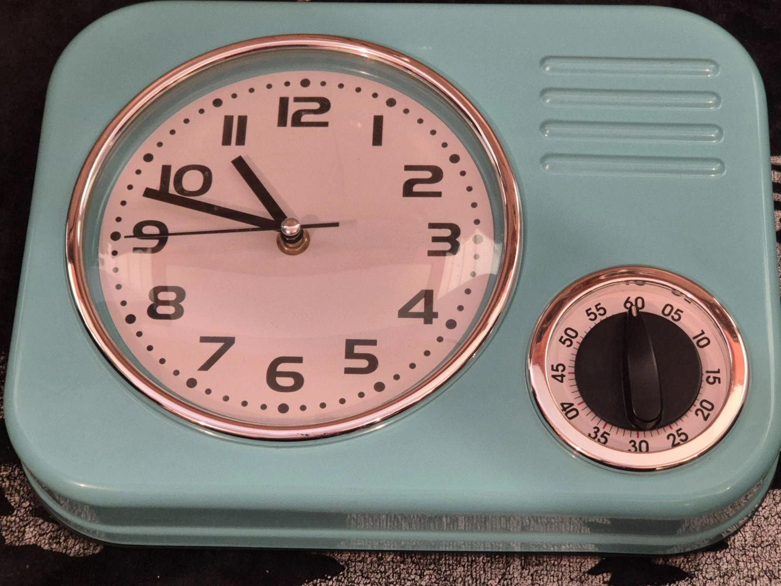 Retro Kitchen Wall Clock with Timer Pale Blue Vintage Style Quartz Clock