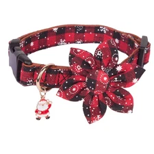 PTDECOR Christmas Dog Flower Collar, Adjustable Red Plaid Collars with