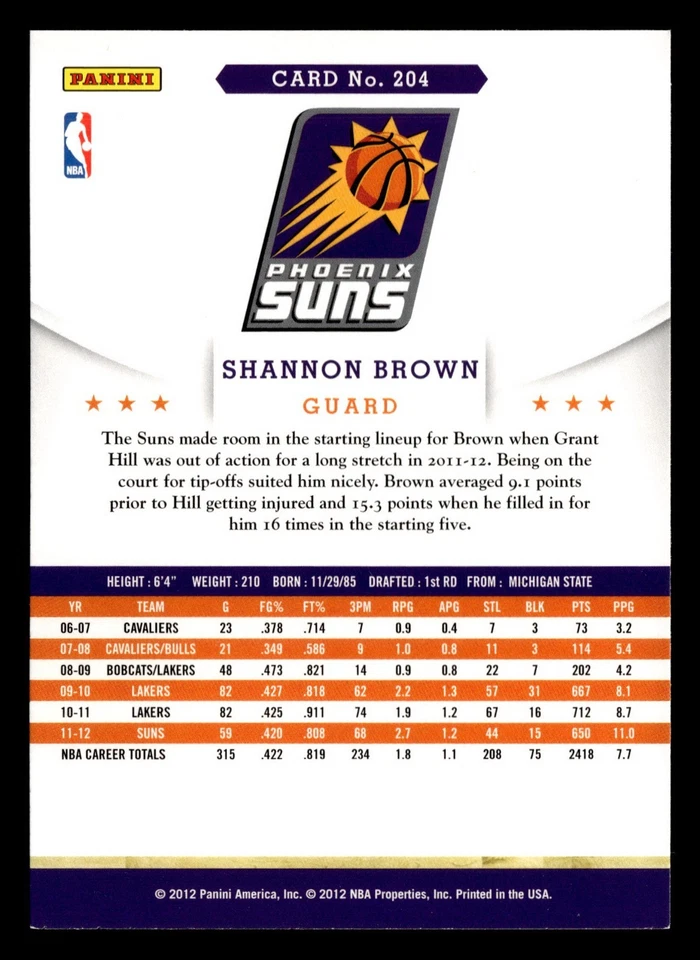 2012-13 NBA Hoops - Shannon Brown #204 - Image 2 of 2