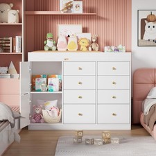Baby Changing Table Dresser with 8 Drawers, 2 Cabinets, White