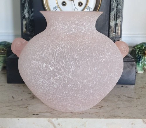 Vintage Blush Pink Murano Scavo Glass Vase Bowl Pot, Snail Shell Handles, 7.25"