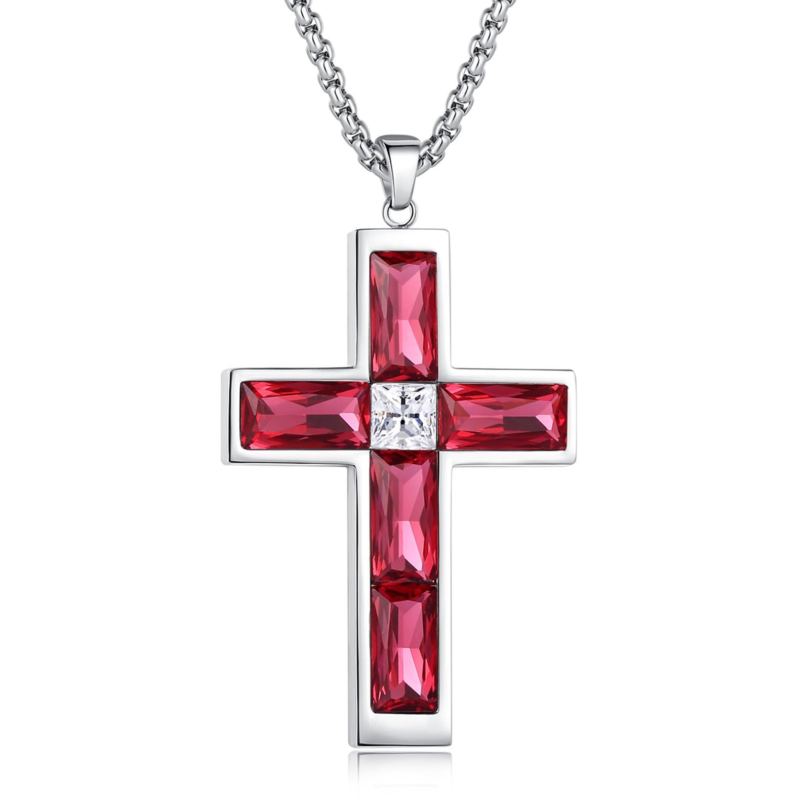 Ruby Cross Necklace for Men, Ruby Red Cubic Zirco… - image 1