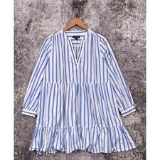 J Crew Dress Medium Womens Tiered Poplin Long Sleeve Striped Mini