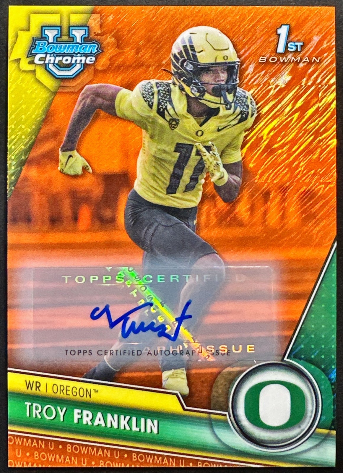2023 Bowman University Chrome Troy Franklin Orange Shimmer Rookie Auto /25 1st