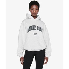 New Anine Bing Women's Light Gray Hooded Sweatshirt with Classic Letter Print