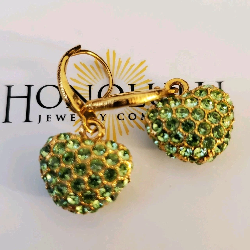 Joan Rivers Heart Earrings Swarovski Crystals Goldtone Peridot Green Dangling - Image 2 of 3
