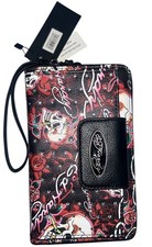 Ed Hardy Rhinestone Black Skull Rose Tattoo Hand Bag Zip-Around Wallet Purse Y2K