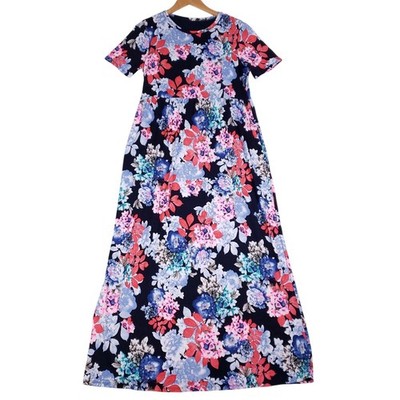 Beeson River Floral Maxi Dress XL Navy Blue Pink Red Made in USA Stretch