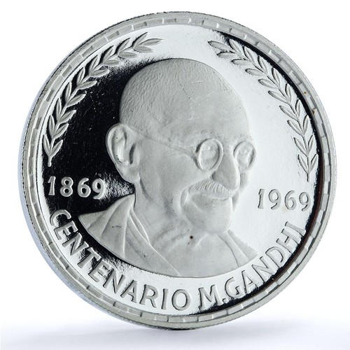 Guinea 75 pesetas Mahatma Gandhi KM-11 Anniversary Religion silver coin 1970